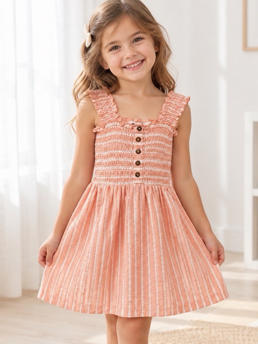 Roxy Girl Peach White Striped Smocked Sundress Girls Size 5